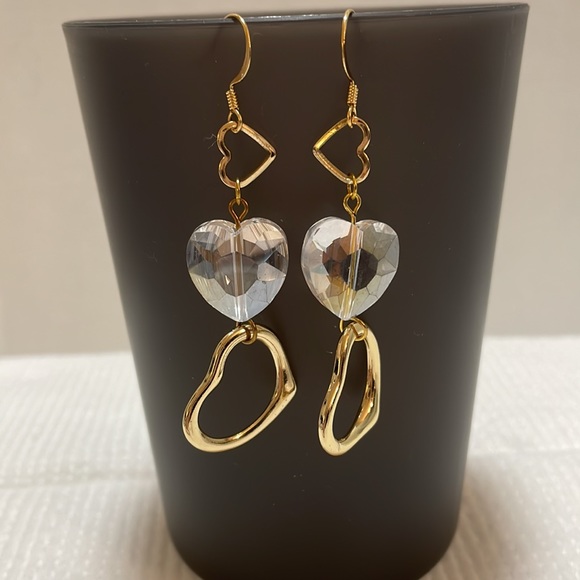 Roey’s Chic Boutique Jewelry - Gold and Crystal Heart Dangle Earrings 22K GP Ear Wires